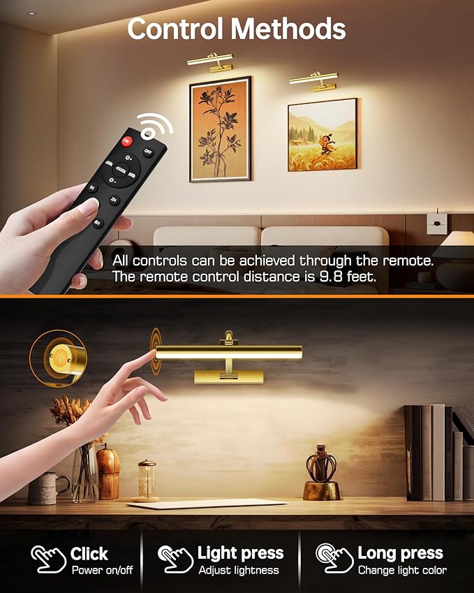 Picture Lights for Wall, 16.5" Rechargeable Art Light with Remote & Timer, 5200mAh Battery Operated Poster Lights, 3 Color Modes & 3 Brightness Levels for Pictures, Gallery, Frame (1 Pack)