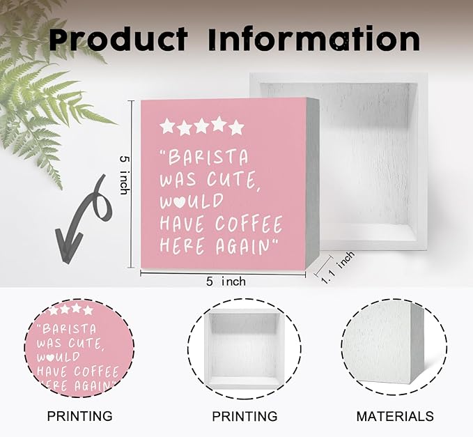 Pink Coffee Bar Accessories - Would Have Coffee Here Again Wooden Box Signs, Bar Decorations For Home, Pink Wood Sign Home Decor For Kitchen Desk Table Shelf 5x5 Inch