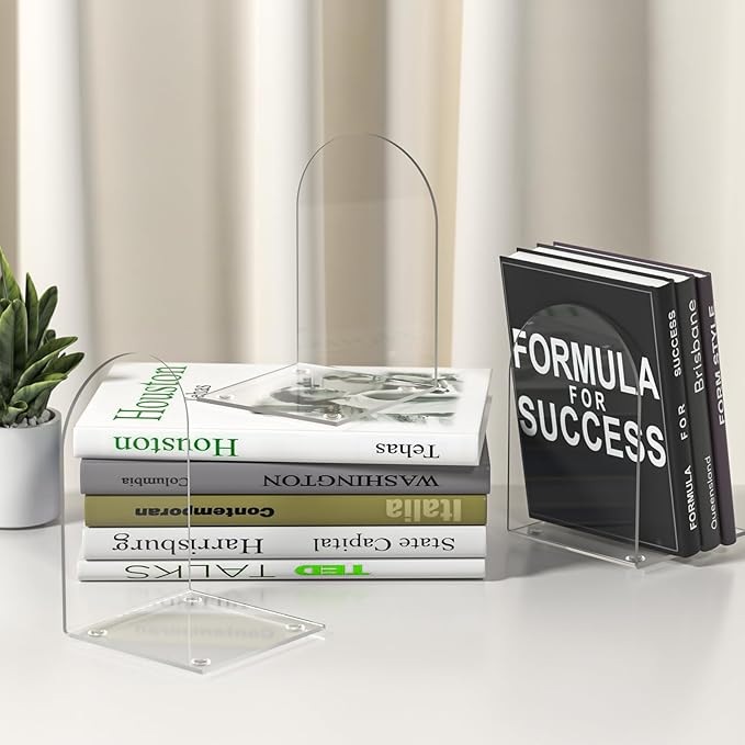 Acrylic Bookends 8 Pieces, Book Ends for Shelves, Clear Bookends for Book Shelves and Desktop Organizer, Transparent Shlef Book Stopper for Home Office Supplies