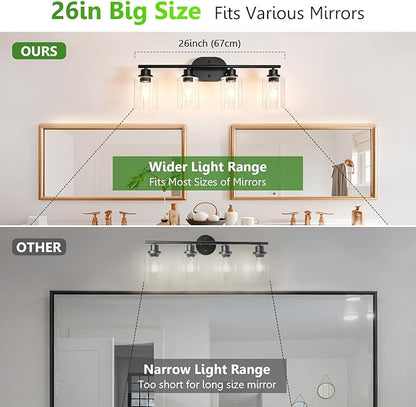 Ascher 4-Light Bathroom Light Fixtures, Modern Vanity Lights with Clear Glass Shade, Matte Black Wall Lamp for Bathroom Mirror Hallway Cabinet Porch