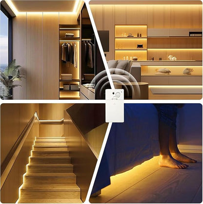 EJ's SUPER CAR Battery Operated Motion Sensor Cabinet Strip Lights, 3 Pack 4.92FT 3000K Counter Closet Strip Light, Motion & Night Sensor Safe Tape Light for Stairs Wardrobe Kitchen (Warm White)