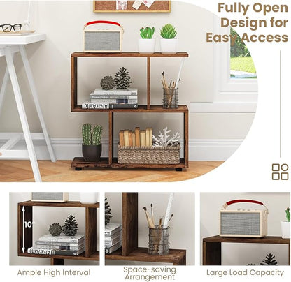 Tangkula 2 Tier Geometric Bookshelf, Freestanding Wood Display Shelf, Home Office Room Divider S Shaped Open Bookcase, Small Bookshelf for Small Spaces, Living Room, Study (Coffee, 2)