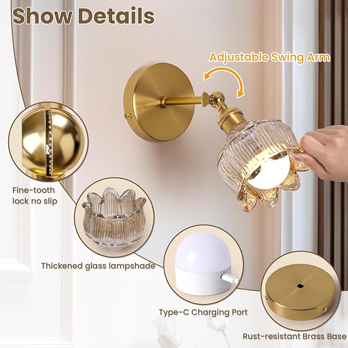 Vintage Battery Operated Wall Sconces - 5000mAh Rechargeable Dimmable Lights with Remote Control - Set of 2 Cognac Flower Glass Cordless Mounted Lighting - Wireless Powered Light Sconce for Bedroom
