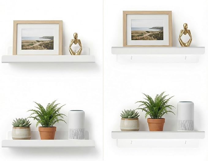 Acrylic Floating Shelves, Adhesive Wall Mount Command Shelves for Bathroom, Kitchen, Dorm - Renter-Friendly Easy Install Wall Shelves for Home Decor and Organization (Glossy White-4 Pack)