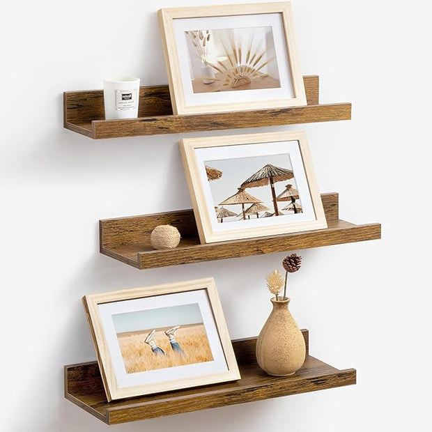 Axeman Picture Ledge Shelf | 16 Inch Brown Floating Shelves Set of 3 | Rustic Brown Wood Wall Shelves with Lip | 16" Picture Shelf for Wall with Ledge | Photo Shelves