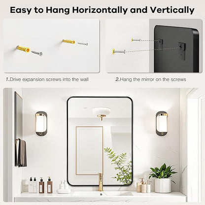24x30 Inch Black Metal Framed Mirror - Black Bathroom Mirror for Over Sink, Matte Round Corner Rectangle Vanity Mirror for Restroom, Bedroom, Entryway, Hanging Vertically or Horizontally