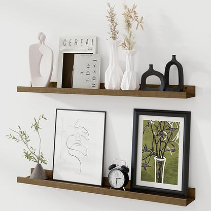 Fun Memories Picture Ledge Shelf, Pine Wood Floating Shelves Set of 2, 36 inch Nursery Book Shelves, Photo Ledge Book Shelves Wall Mounted for Living Room Kids' Room Bedroom - Light Brown