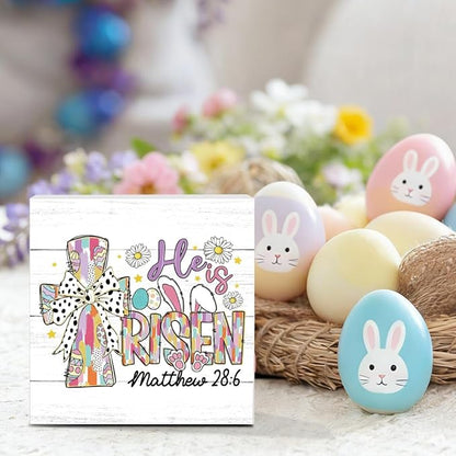 Funny Easter Christian Sign Easter Bunny Decor Religious Jesus Rabbit Cross Decor Decorations for Home Office Desk Tiered Tray He Is Risen Matthew 28:6 Sign 5 X 5 Inch