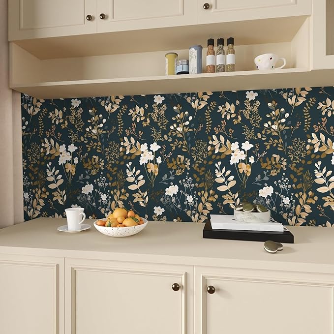 Navy Floral Wallpaper Peel and Stick Boho Wallpaper Vintage Blue/Gold Leaf Contact Paper Waterproof Self Adhesive Modern Wall Paper for Cabinet Walls Kitchen 17.5in x393in