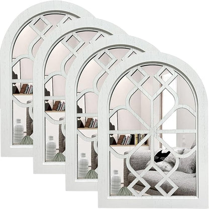 ZEXUIRU Set of 4 Arched Window Wall Mirror Rustic Farmhouse Accent Mirror Wood Framed Entry Wall Decoration for Living Room Bathroom Bedroom Kitchen