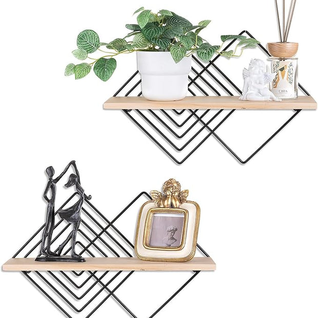 Floating Shelves Modern Geometric - Bedroom Wall Shelf Black Hanging Shelf Wooden Shelves Decorative Wall Mounted Metal Decor Plant Display Set of 2