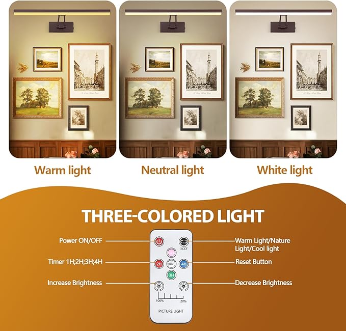 Picture Light,17.5" Picture Frame Light,Art Light, Picture Light Battery Operated,3CCT Picture Lights for Wall,Wireless Picture Lights with Remote for Wall Display, Photo,Library (Bronze)