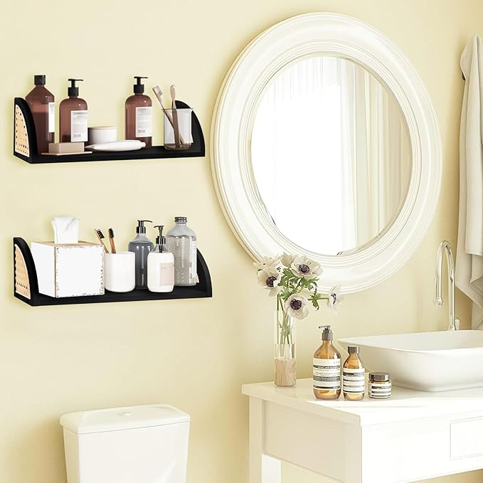 2 Pieces Rattan Wall Shelf ,16 inch Floating Shelves ,Rustic Wood Wall Mounted Storage Shelves ,Long Hanging Shelf, Natural Mounted Floating Shelvesfor Living Room Bathroom Kitchen BohoWall Decor