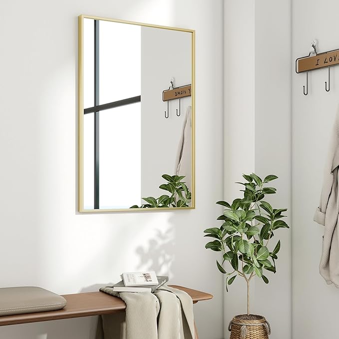 HARRITPURE 28"x20" Bathroom Mirror for Wall, Gold Framed Rectangle Mirror Aluminum Alloy Frame Wall-Mounted Horizontally/Vertically for Entryway/Bedroom/Vanity