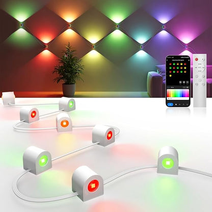 8-Light RGBCW Wall Sconce Light, Up/Down Bedroom Wall Lights, Music Sync, DIY-Styling Color-Changing Wall Lamps for Living Room Party Home Decor, Works with Alexa/Google Assistant, 23.3ft