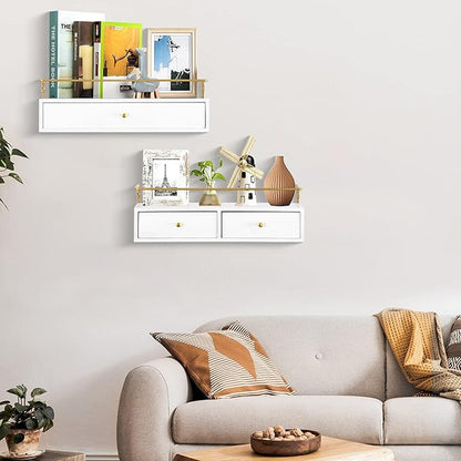 Floating Shelves With Drawers Set of 2 - Wall Mounted Storage for Bathroom, Living Room, Kitchen - Rustic Wood Wall Decor for Plants, Books