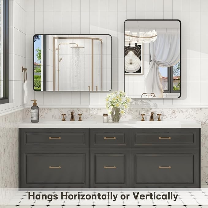 24x32 Inch Black Framed Bathroom Mirror for Wall, Matte Black Metal Wall Mirror, Black Rectangle Vanity Mirror, Tempered Glass, Anti-Rust, Hangs Vertically or Horizontally
