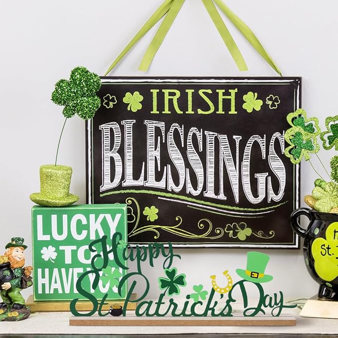 MEETYAMOR St Patricks Day Decorations, Wood Metal Happy St Patricks Day Sign for Table Decor, Farmhouse Rustic St Patricks Day Decorations for The Home, Kitchen, Mantle, Shelf