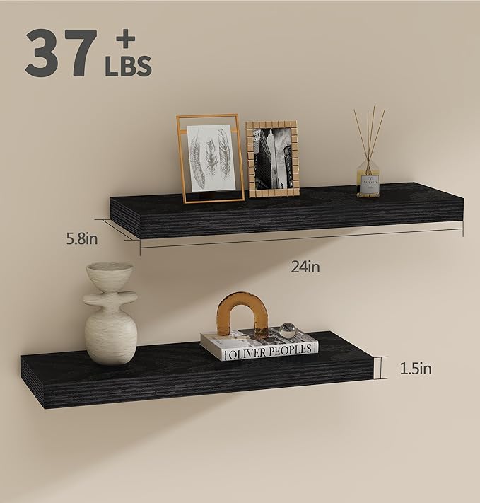 Vervida® 24 Inch Floating Shelves | Extra Deep & Thick Heavy-Duty Wall Storage for Bedroom/Living Room | Stylish Modern Design, Easy Install, Hidden Bracket Shelves (2 Pack)