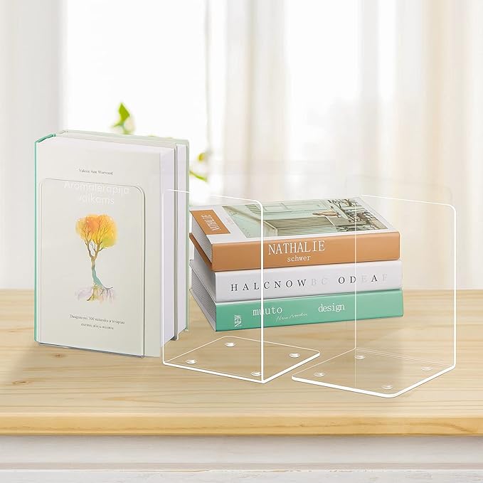 VFINE Bookends 4 Pieces, Acrylic Book End Clear Bookends for Shelves Decorative Bookend Non-Skid Book Ends Book Holders Book Organizer for Home Office School Supplies