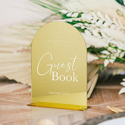 Set of 2 Gold Acrylic Wedding Signs, 5"x7" Gold Mirror Arch Acrylic Table Sign and Base, Modern Font TableTop Reception Sign for Wedding & Party Event (Golden, 5 x7 Inch)