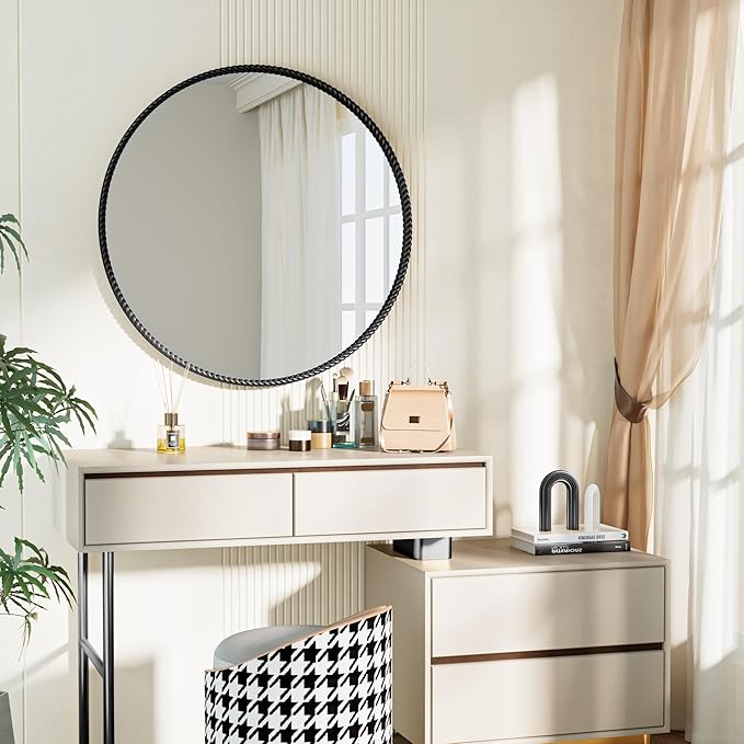 PROHOMEWARE Black Round Bathroom Mirrors, 28 inch Circle Wall Mounted Hanging Mirror for Entryway, Living Room, Hallway, Bathroom, Bedroom