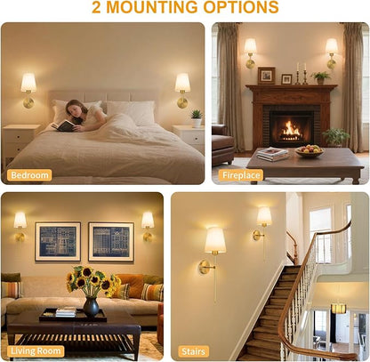 Battery Operated Wall Sconce, Gold Rechargeable Wall Lights with 10000mAh Dimmable Bulbs and 3 Dynamic Modes, 12 Colors Wireless Wall Lamps with Remote for Bedroom Living Room Hallway Decor, 2 Pack