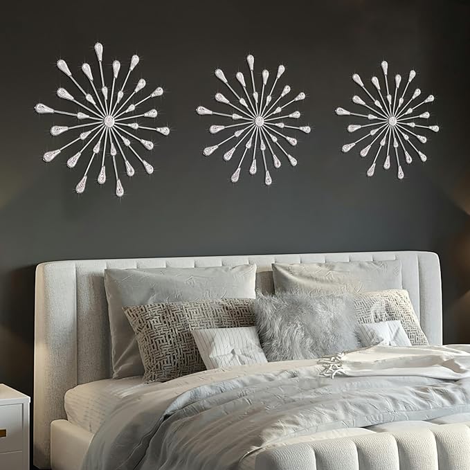 ZEXUIRU 3 Pack Silver Sunburst Wall Decor – Metal Crystal Wall Art with Sparkling Rhinestones, 14’’/18 Inch Starburst Wall Hanging Set for Living Room Bedroom Bathroom – Modern Bling Home Decorations