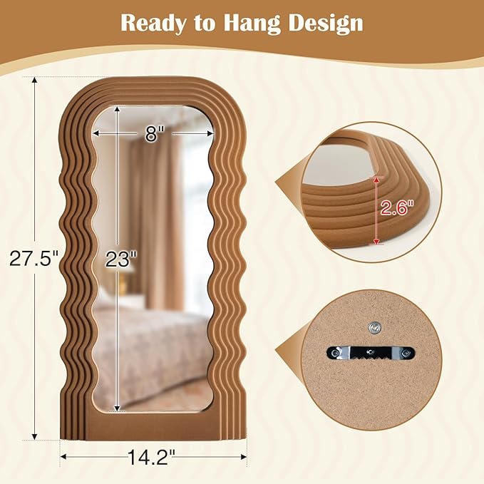 Wavy Wall Mirror for Cozy Home Decor, 14x28 Arched Wall Mounted Mirror with Velvet Touch for Girly Bedroom Decoration, Unique Home Accent for Modern Room Aesthetics (Brown)