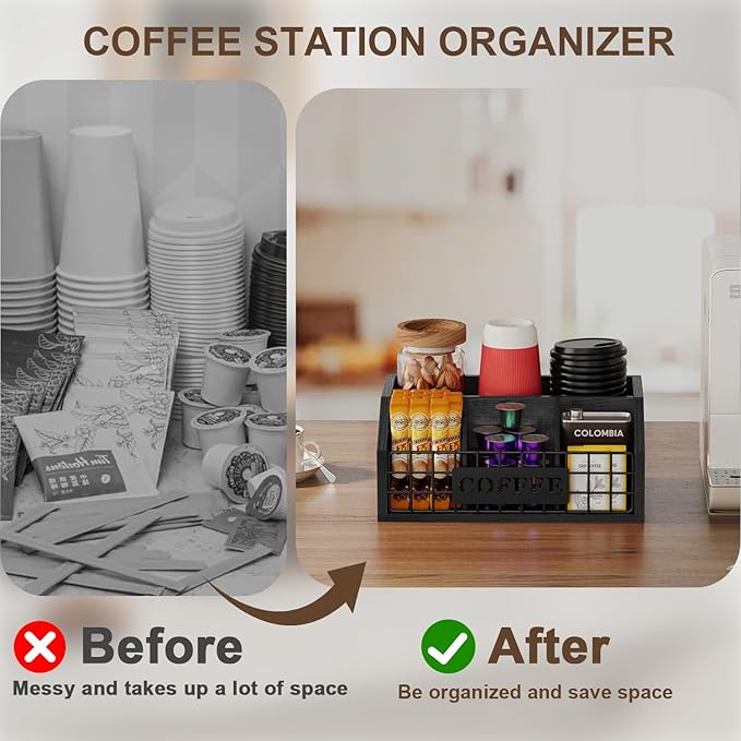 YINMIT Coffee Station Organizer for Countertop, Wood Coffee Bar Organizer with Removable Dividers for Pods, Syrup, Cups, Stirrer, Tea - Office Bar Accessories, Iron Wire-Black