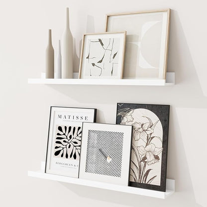 RICHFOCUS Picture Ledge Shelf, 24 inch Floating Shelves Set of 2, Wood Wall Shelves with Lip, Wall Decor Storage for Bedroom Living Room Bathroom Kitchen Nursery Photo Picture, White