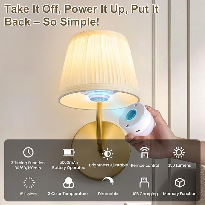 Rechargeable Wall Sconces Set of 2 - 5200mAh Cordless Battery Operated Wall Sconce - Fabric Lamp Shade - Gold Brass LED Light Fixture with Remote for Bedroom Bedside Living Room Stairway Hallway Porch