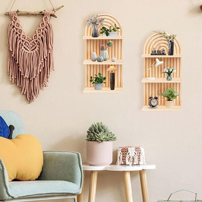 2 Pieces Boho Wall Shelf,3 Tier Bohemian Floating Shelves, Arch Wooden Mid Century Shelves Decorative Rainbow Hanging Shelves,Wall Mounted Wood ArchWall Decor for Living Room Display (01)