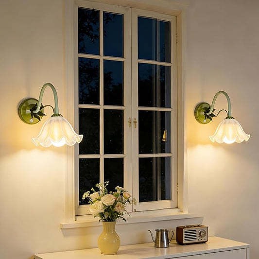 Battery Operated Cordless Flower Wall Sconce Set of 2 (Green), Stepless Dimming Magnetic Wireless Wall Lamp, 5200mAh Rechargeable Battery, for Living Room Bedroom Hallway Corridor
