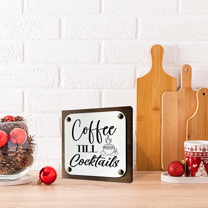 Coffee Bar Decor, Coffee Wood Sign, Wooden Box Signs Decors Art, Coffees Corner Decors, Kitchen Sign for Home Shelf Decor, Coffees Till Cocktails Signs