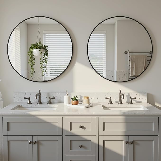 Antok 20 Inch 2PCS Round Mirror for Wall, Round Bathroom Mirror, Circle Wall Mirrors with Black Metal Frame, Circle Mirrors Suitable for Wall, Bathroom, Vanity, Living Room, Entryway