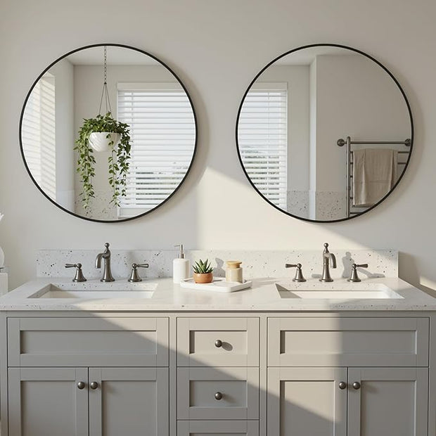Antok 20 Inch 2PCS Round Mirror for Wall, Round Bathroom Mirror, Circle Wall Mirrors with Black Metal Frame, Circle Mirrors Suitable for Wall, Bathroom, Vanity, Living Room, Entryway