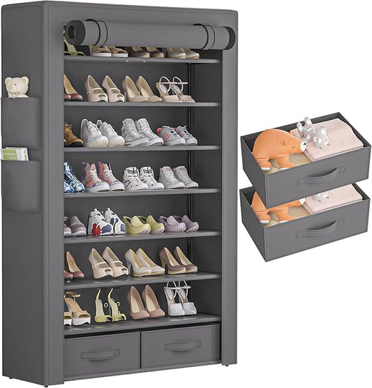 OYREL Shoe Rack Storage Cabinet 32 Pairs Organizer Shelf Tall for Shoes Large Free Standing Racks Vertical Shoe Holder Stand with Cover Two Boxes Closet