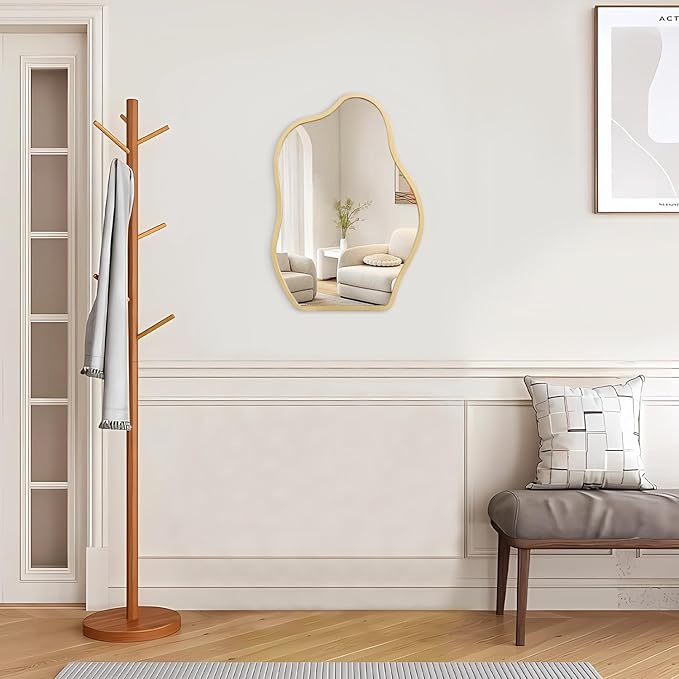 Gold Mirror for Wall Decor Cute and Stylish Unique Wooden Framed Wall Mirror Asymmetrical Vanity Artistic Cloud Mirror Decorative for Living Room Bedroom Bathroom Entryway