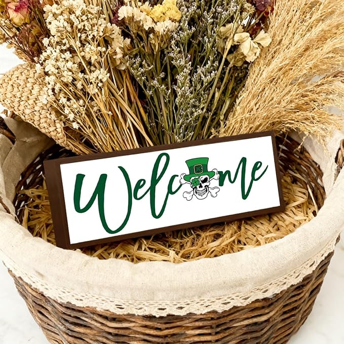 Funny Welcome Sign, Skeleton Man Welcome Decor, St. Patricks Day Wood Decor, Front Door Decoration for Home Office Coffee Bar or Party, Tabletop Decors, 9.5x3.1x1 inches