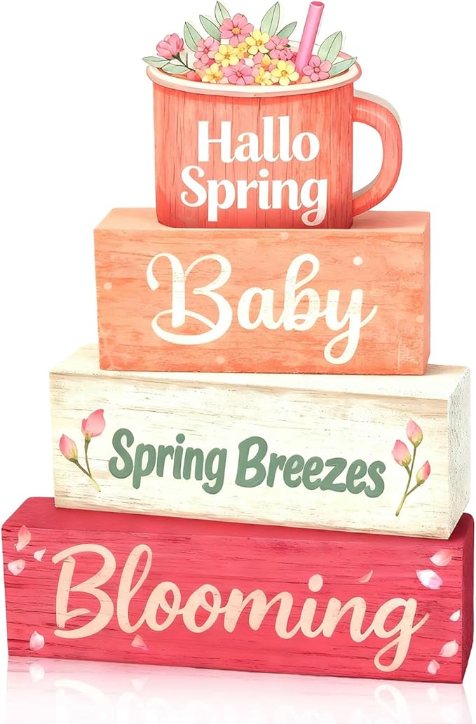 Spring Decoration Wooden Tiered Tray Decor – Sweet Spring Mug Stacked Block Sign with Floral Cup Topper – Farmhouse Tabletop Spring Decor for Living Room Shelf Seasonal Home Display