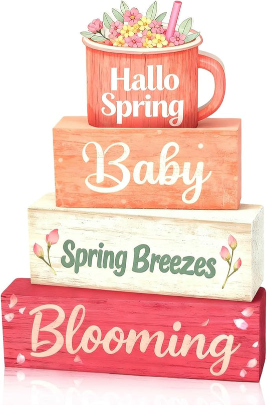 Spring Decoration Wooden Tiered Tray Decor – Sweet Spring Mug Stacked Block Sign with Floral Cup Topper – Farmhouse Tabletop Spring Decor for Living Room Shelf Seasonal Home Display