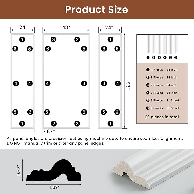 SmartStandard Pre-Cut Wall Molding Kit, 3-Frame Wainscoting Panels for Interior Wall Moulding Decor, Ready to Assemble Accent Panel