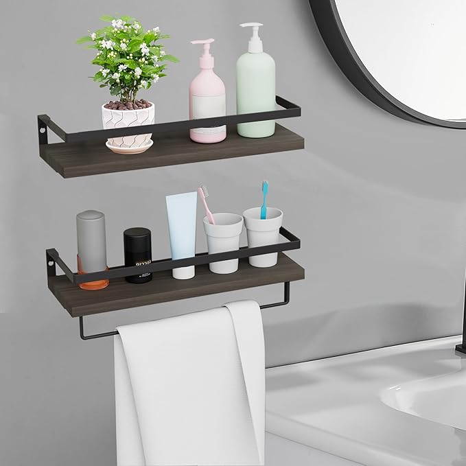 Home Decor Floating Shelves, Wall Shelves with Towel Bar, Bathroom Wall Decor, Floating Shelves Wood for Living Room/Kitchen/Bedroom, (Black-Black) Floating Bathroom Shelves