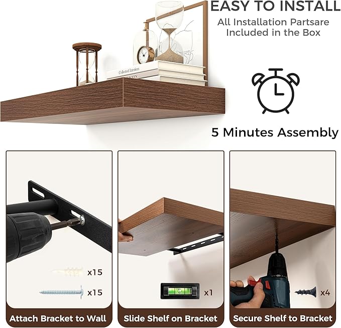 Floating Shelves for Wall, 72 Inch Wide x 12 Inch Deep Floating Shelves, Long Wood Floating Wall Shelf Shelves for Living Room Bathroom Bedroom Kitchen Home - (Walnut, 72