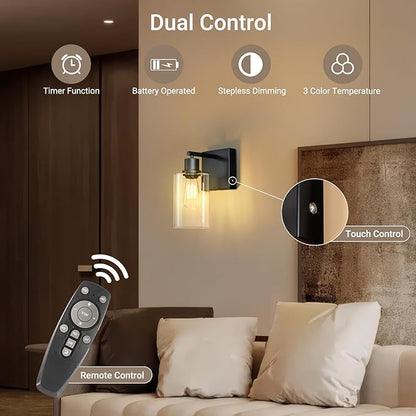 Kimjo Battery Operated Wall Sconce with Remote, USB Rechargeable Wireless Wall Light with Dimmable Bulb and Glass Shade, Wall Decor for Bedroom Bathroom Hallway