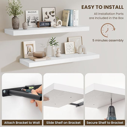 Fun Memories 24 x 10 Floating Shelves Wall-Mounted - Rustic Wood Shelf - 10 Inch Deep Floating Shelves for Wall - Large Storage Shelf for Bathroom - Kitchen & Bedroom - White - Set of 2