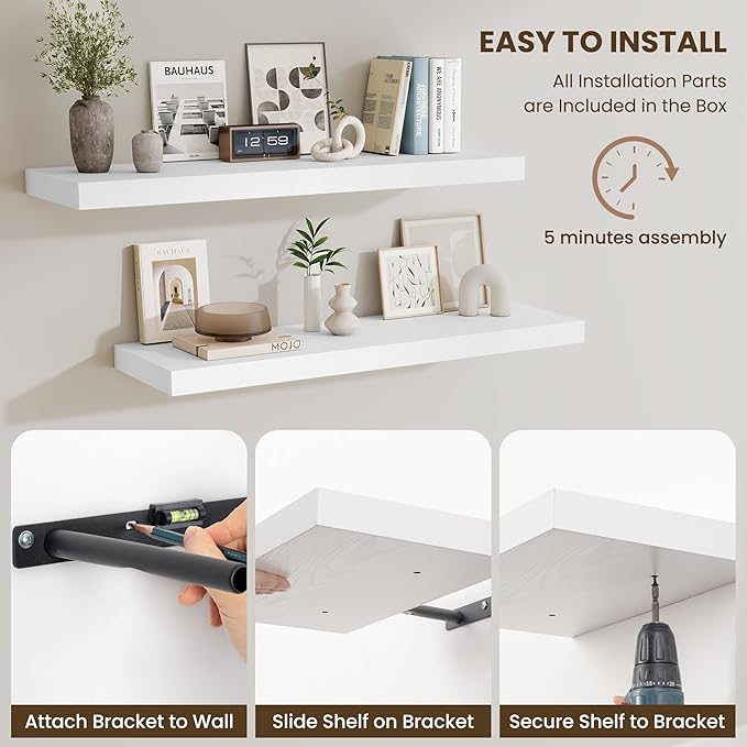 Fun Memories Wood Floating Shelves 16 Inch, 10 Inch Deep Shelves Wall Mount, Wall Shelves with Invisible Bracket, 16