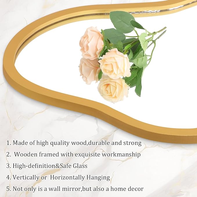 AAZZKANG Gold Asymmetrical Mirror with Wooden Frame Irregular Decorative Wall Mirrors for Bedroom Dressing Room Living Room Bathroom Entryway Small