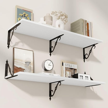 RICHFOCUS 12 Inch Deep Floating Shelves for Wall, 39" W x 12" D Wood Wall Shelves Set of 2, Wide Floating Shelves for Living Room, Bedroom, Kitchen, Bathroom and Decor Storage, White
